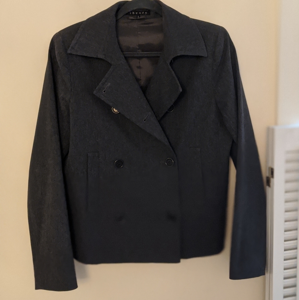 Theory Gray Double Breasted Pea-Style Jacket